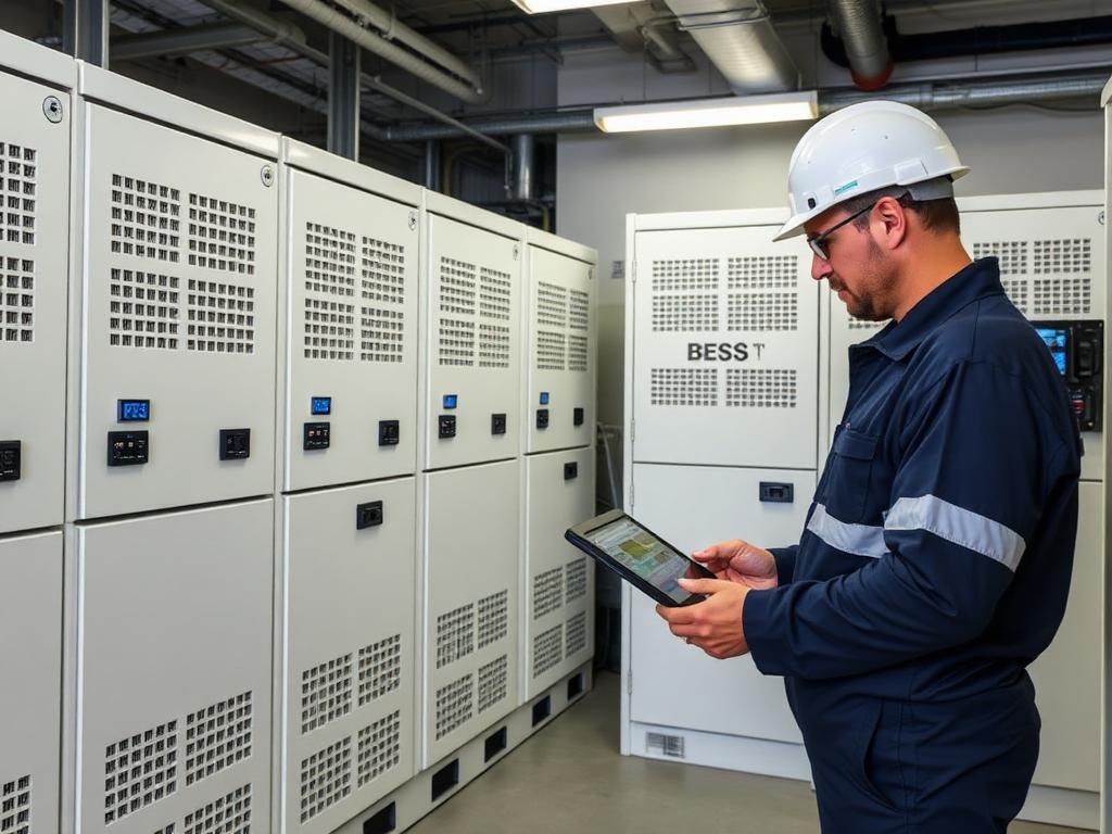 Engineer checking battery energy storage cabinets during discharge testing