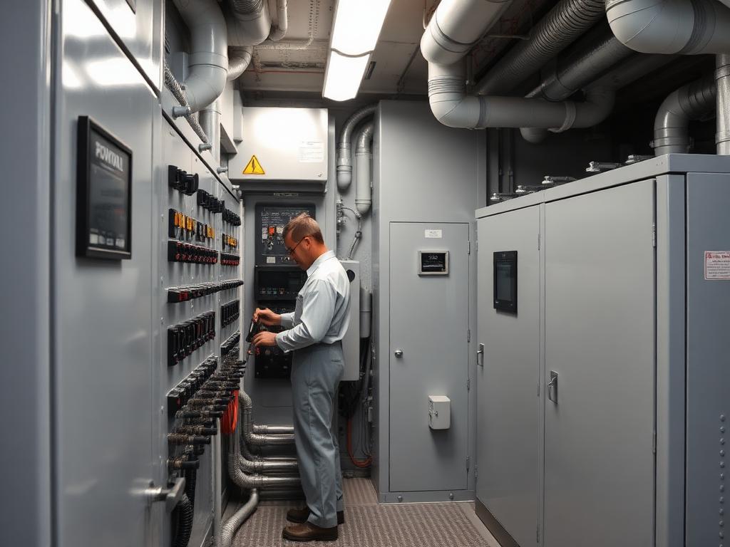Engineer testing a shipboard electrical switchboard in a vessel engine room