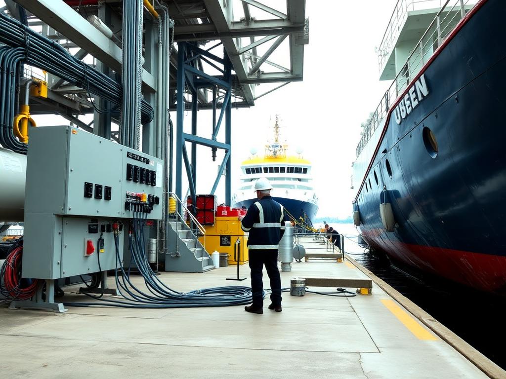 Shore power cabinet and cables on a shipyard quay next to a vessel
