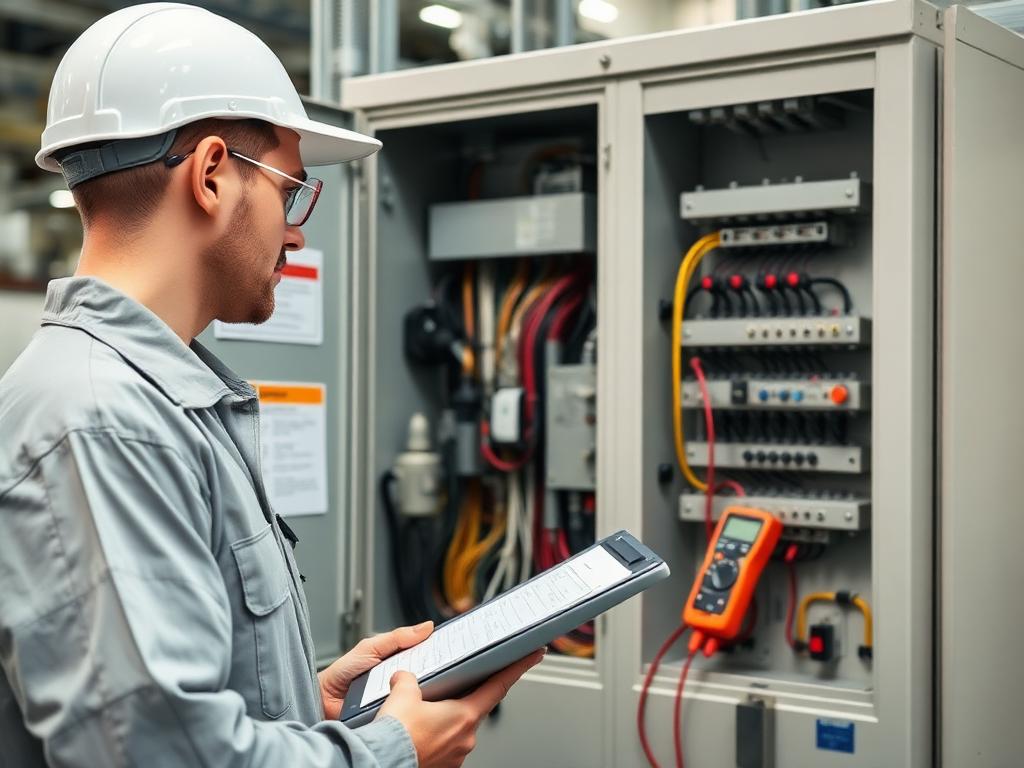 Engineer inspecting a control cabinet during final QC