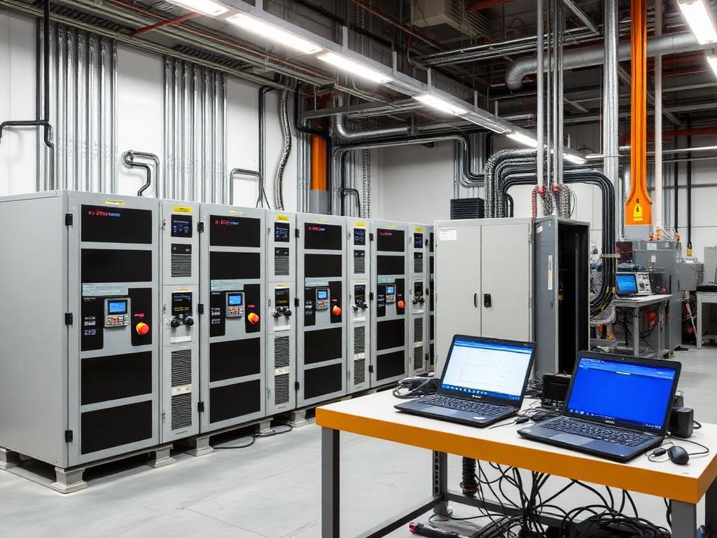 Load bank cabinets running under full load in the factory test area