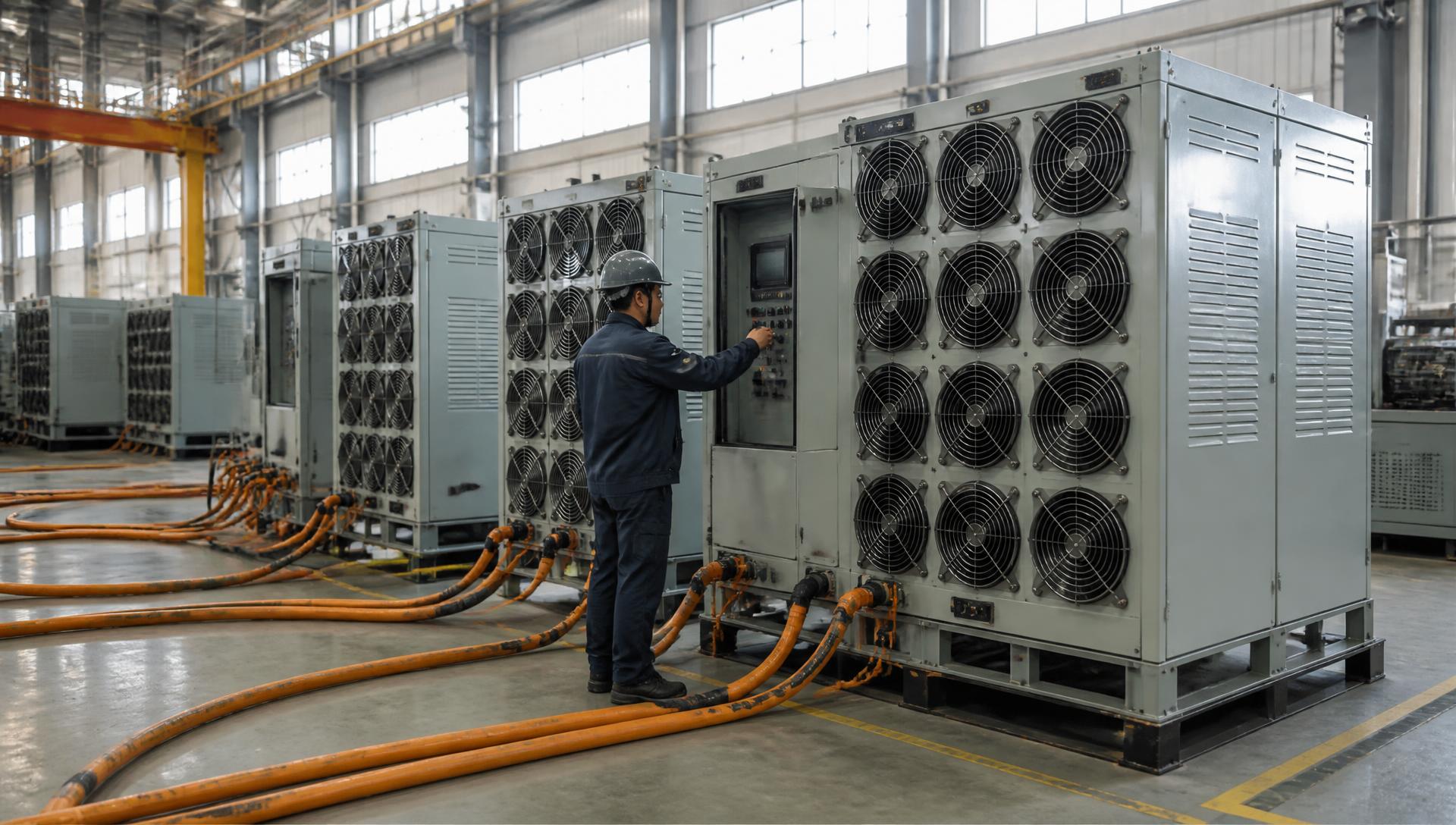 Resistive load bank cabinets under test in the 3M Load Bank factory hall