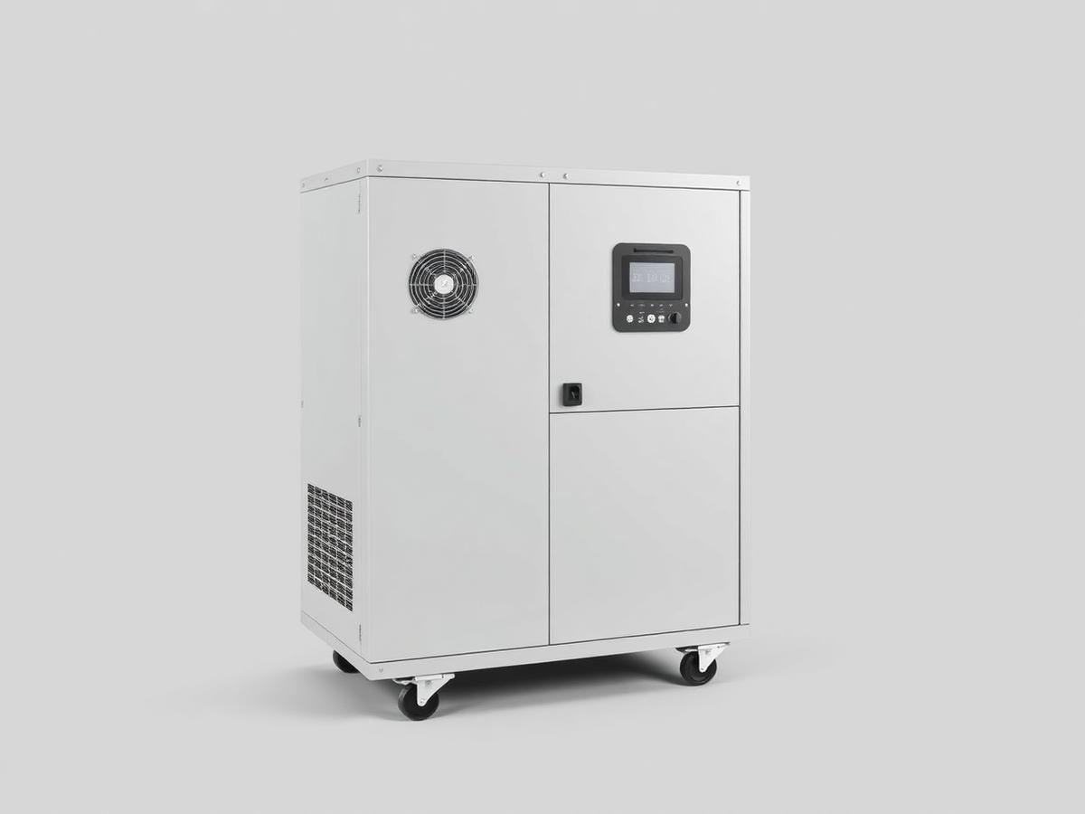 Grey air-cooled resistive load bank cabinet on casters